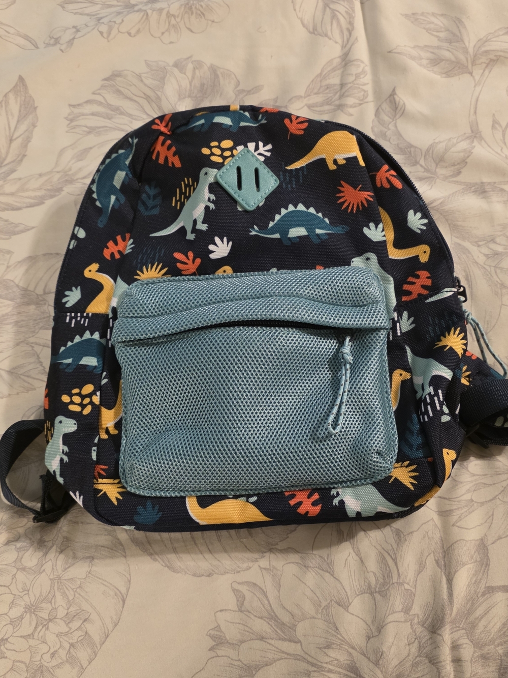 Kids Dinosaur Print Backpack with Light Blue Front Pocket